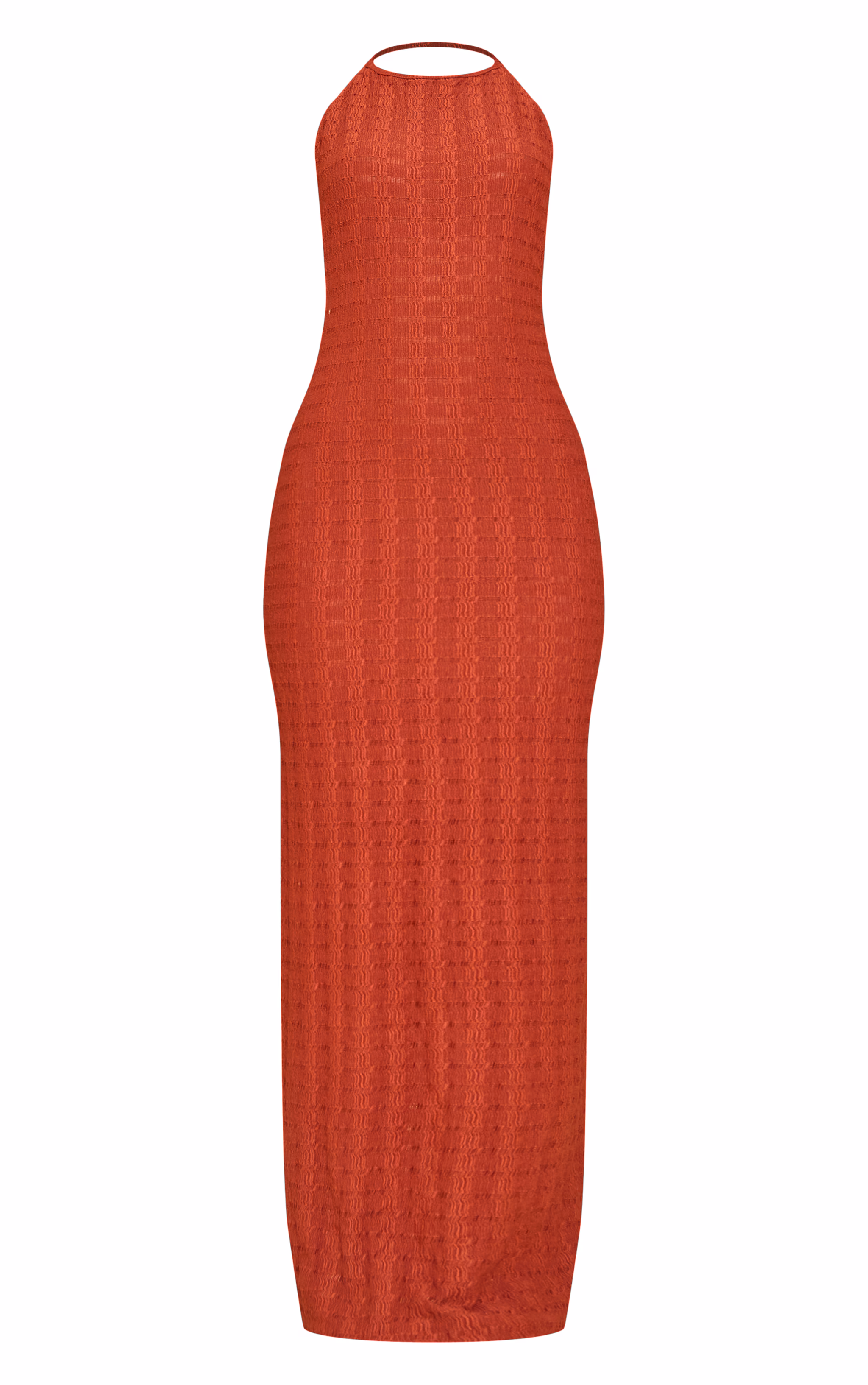 Rust Textured Halterneck Tie Low Back Sleeveless Maxi Dress