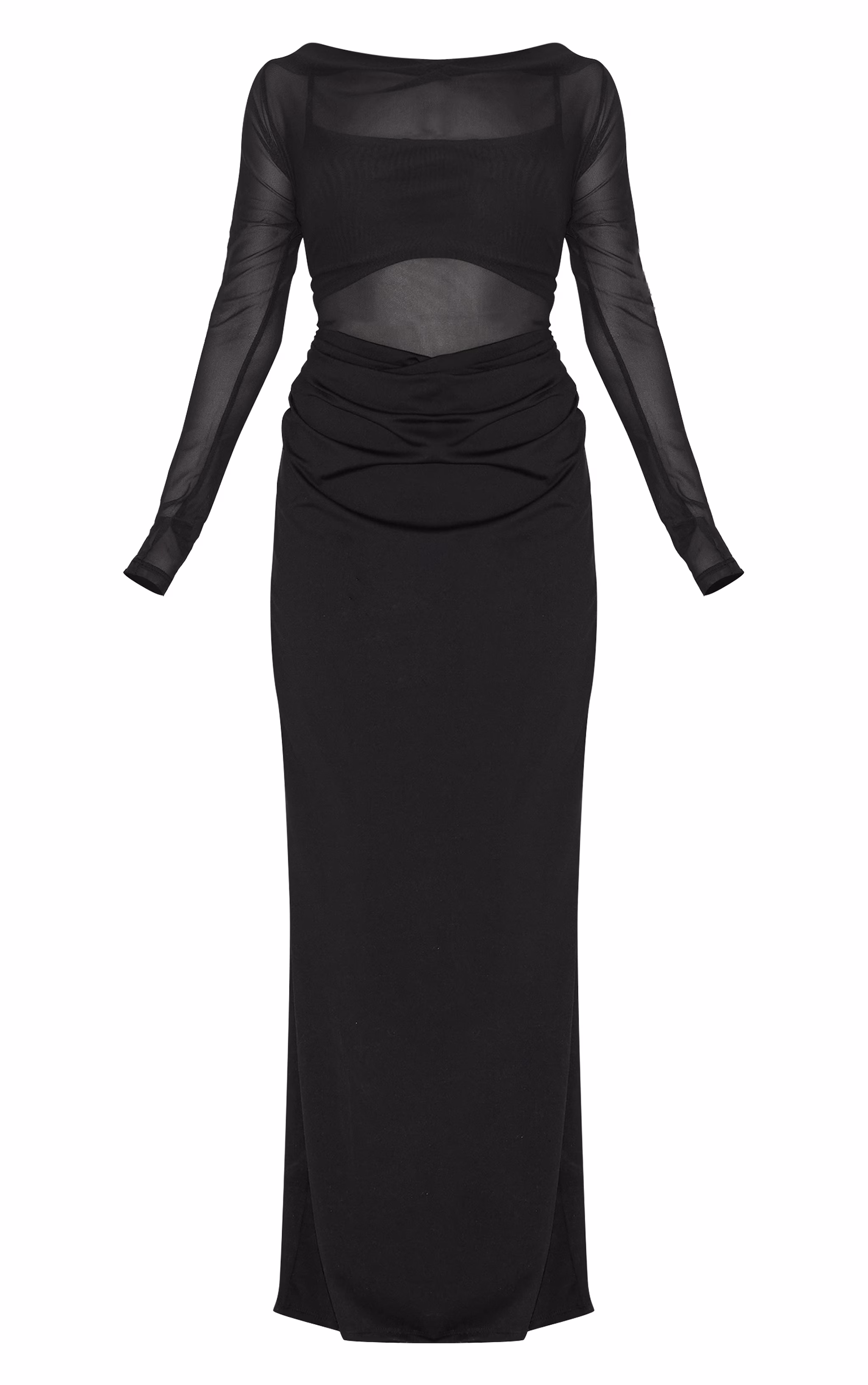 Petite Black Slinky Long Sleeve Maxi Dress With Mesh Details