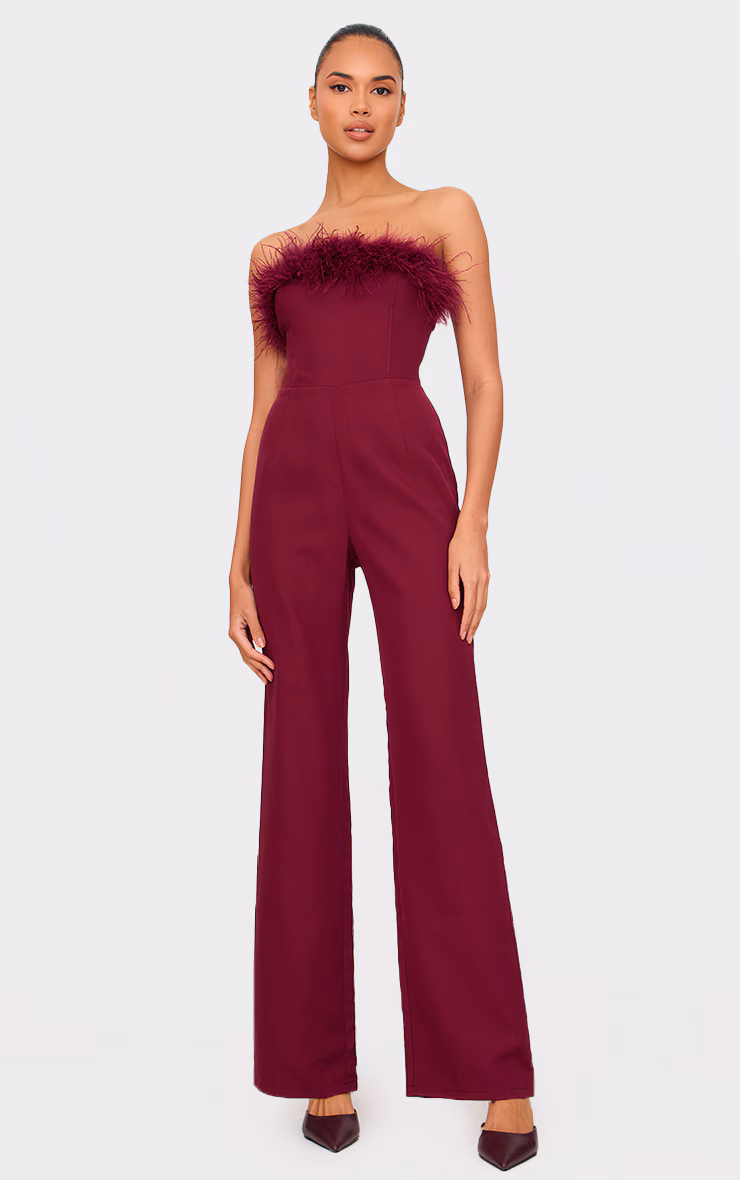 Burgundy Faux Fur Bandeau Straight Leg Jumpsuit