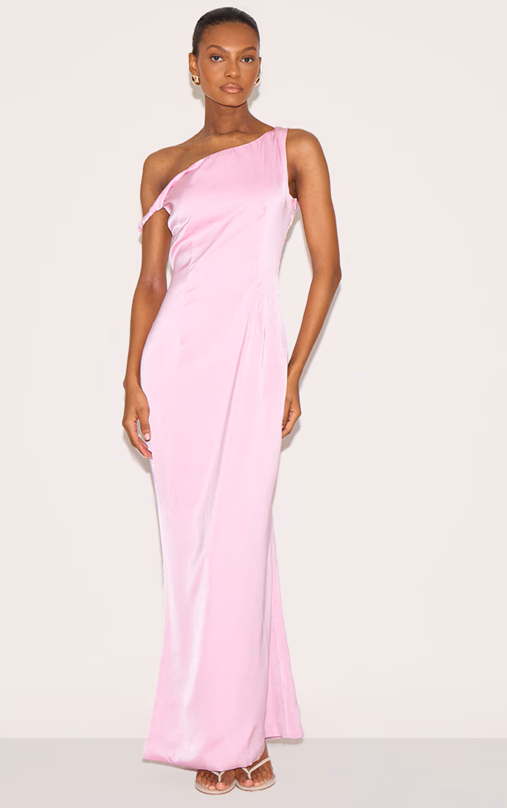 Candy Pink Satin Asymmetric Bardot Twist Maxi Dress