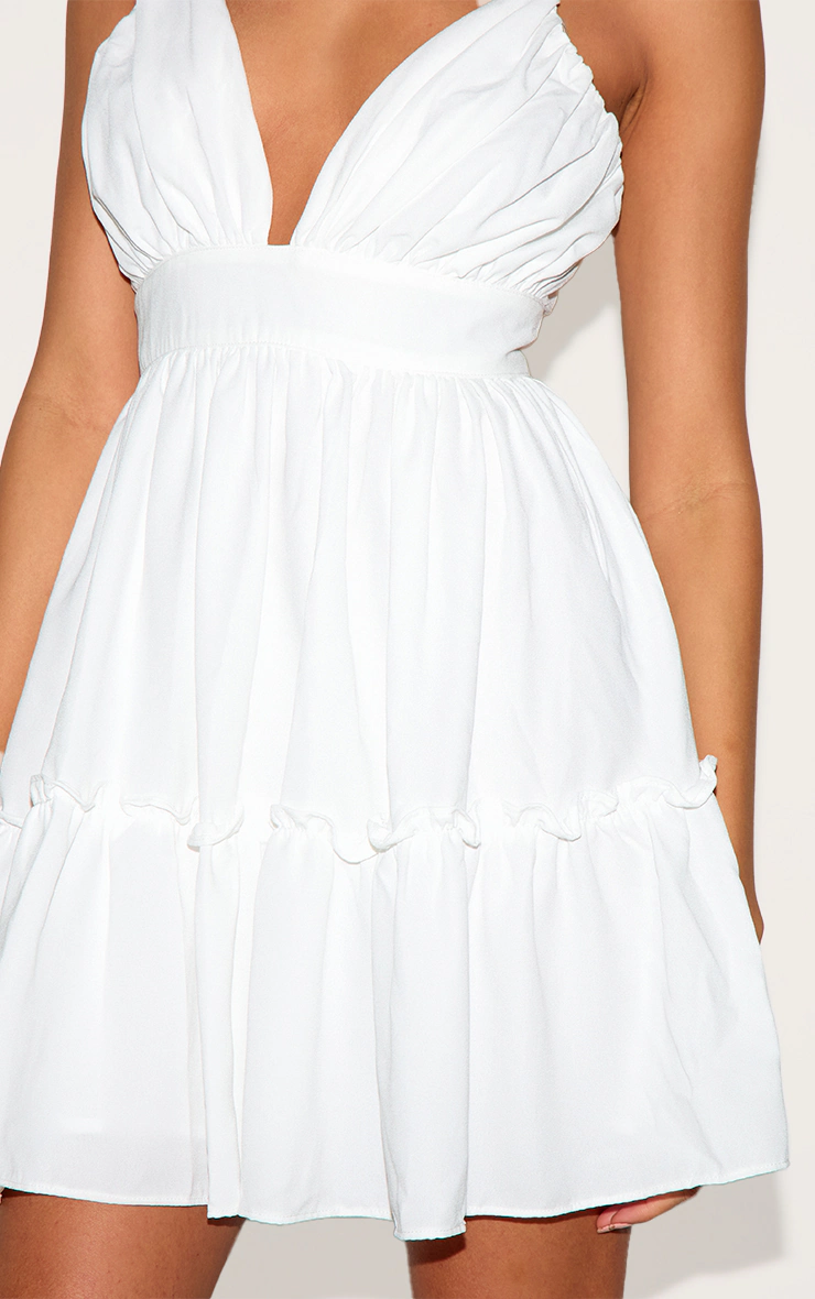 White Ruched Frill Detail Strappy Skater Dress