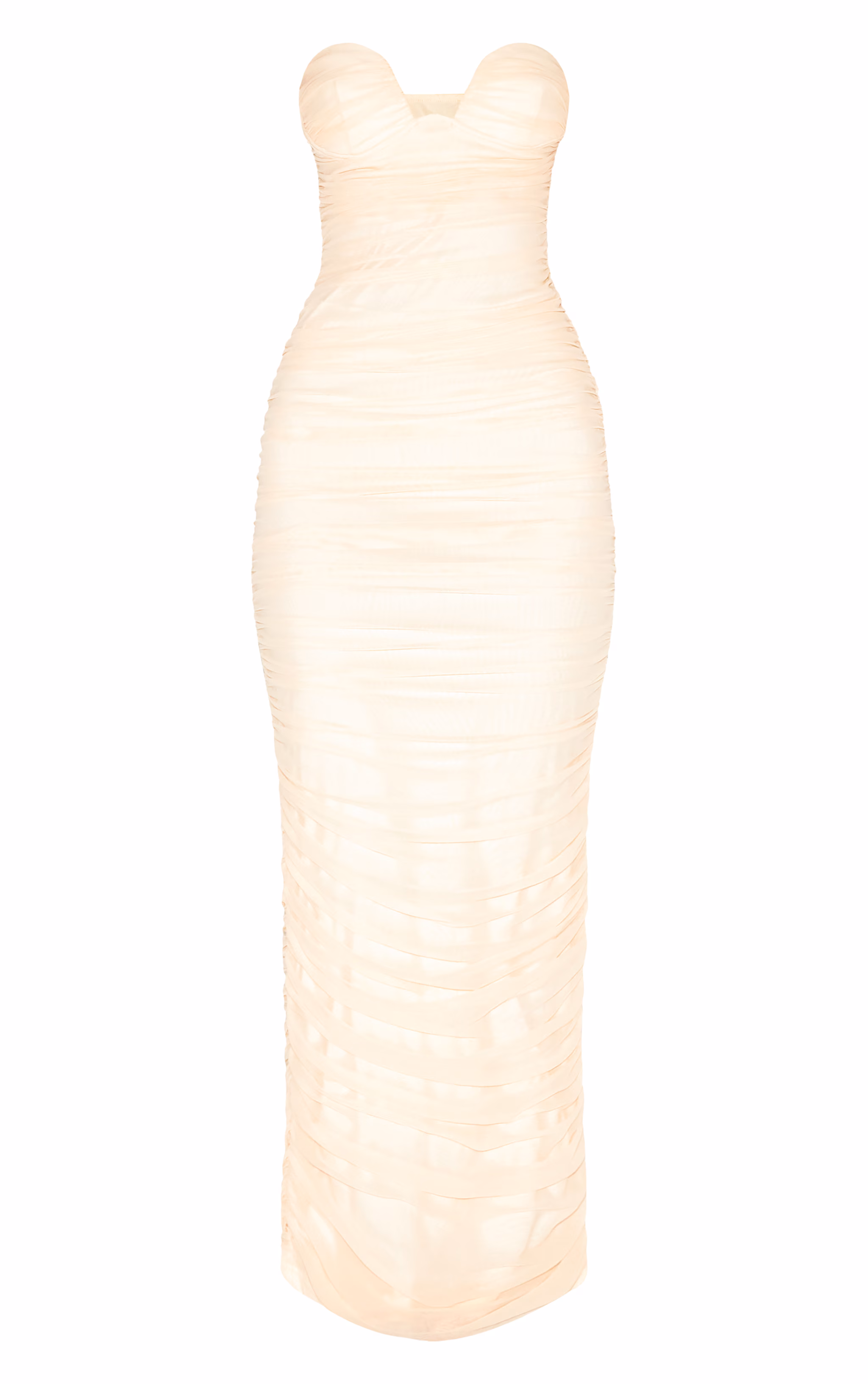 Almond Mesh Ruched Bandeau Maxi Dress