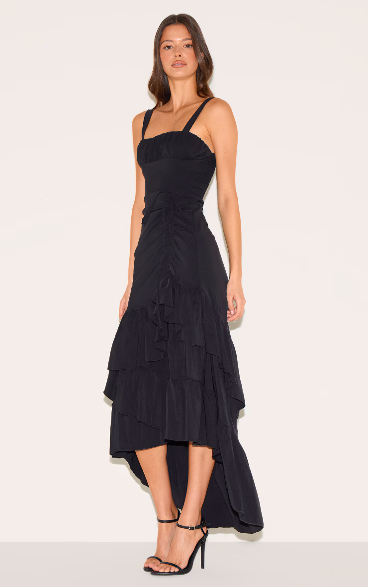 Black Strappy Ruched Detail Maxi Dress