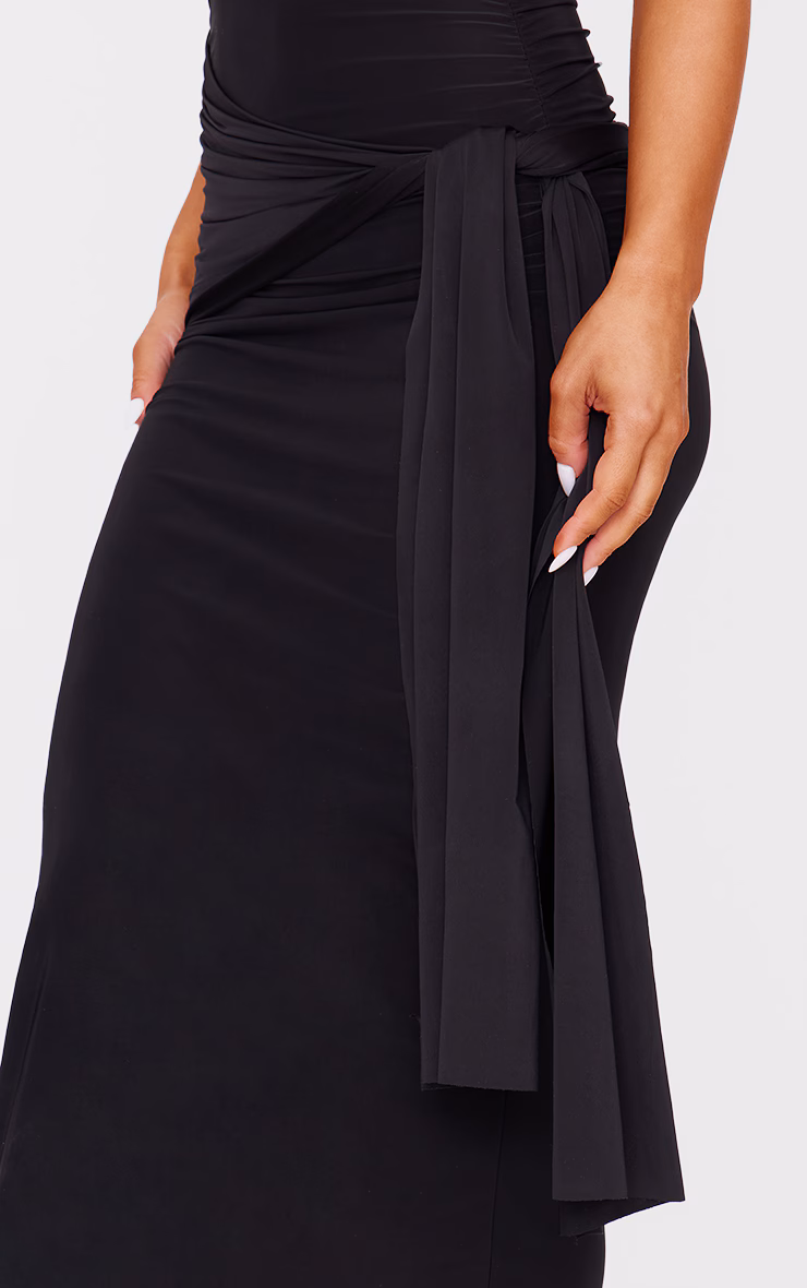 Black Slinky Off Shoulder Wrap Detail Maxi Dress