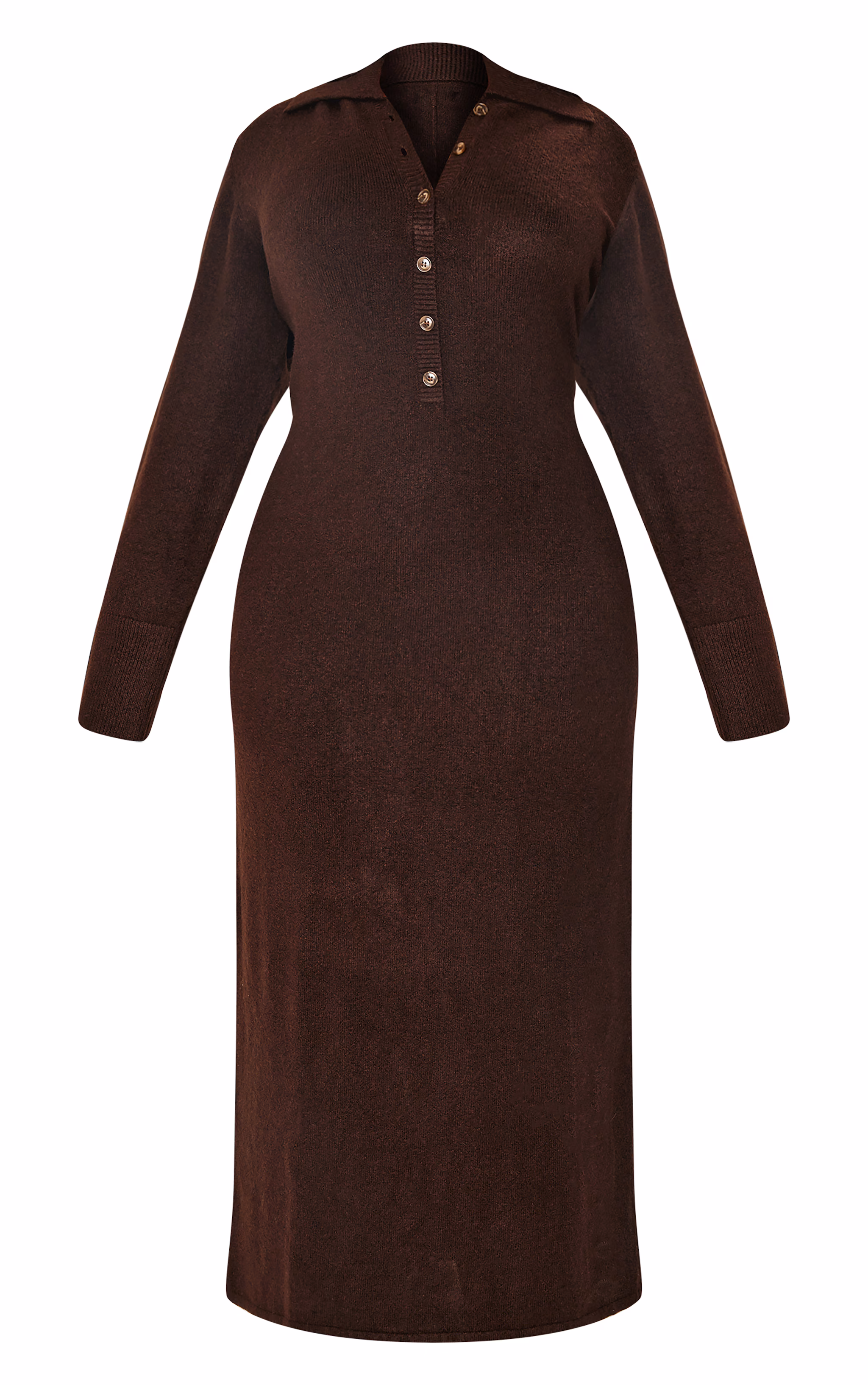 Plus Chocolate Soft Bobble Knit Button Up Collar Detail Maxi Dress