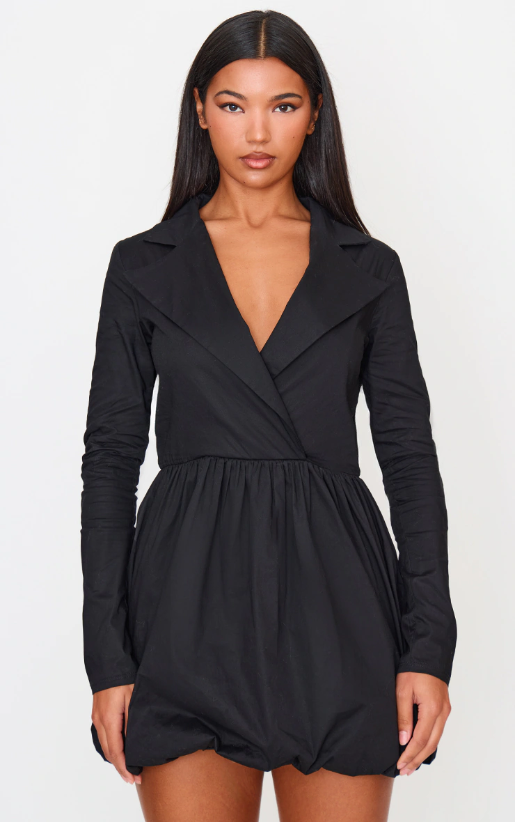 Black Long Sleeve Blazer Puffball Dress