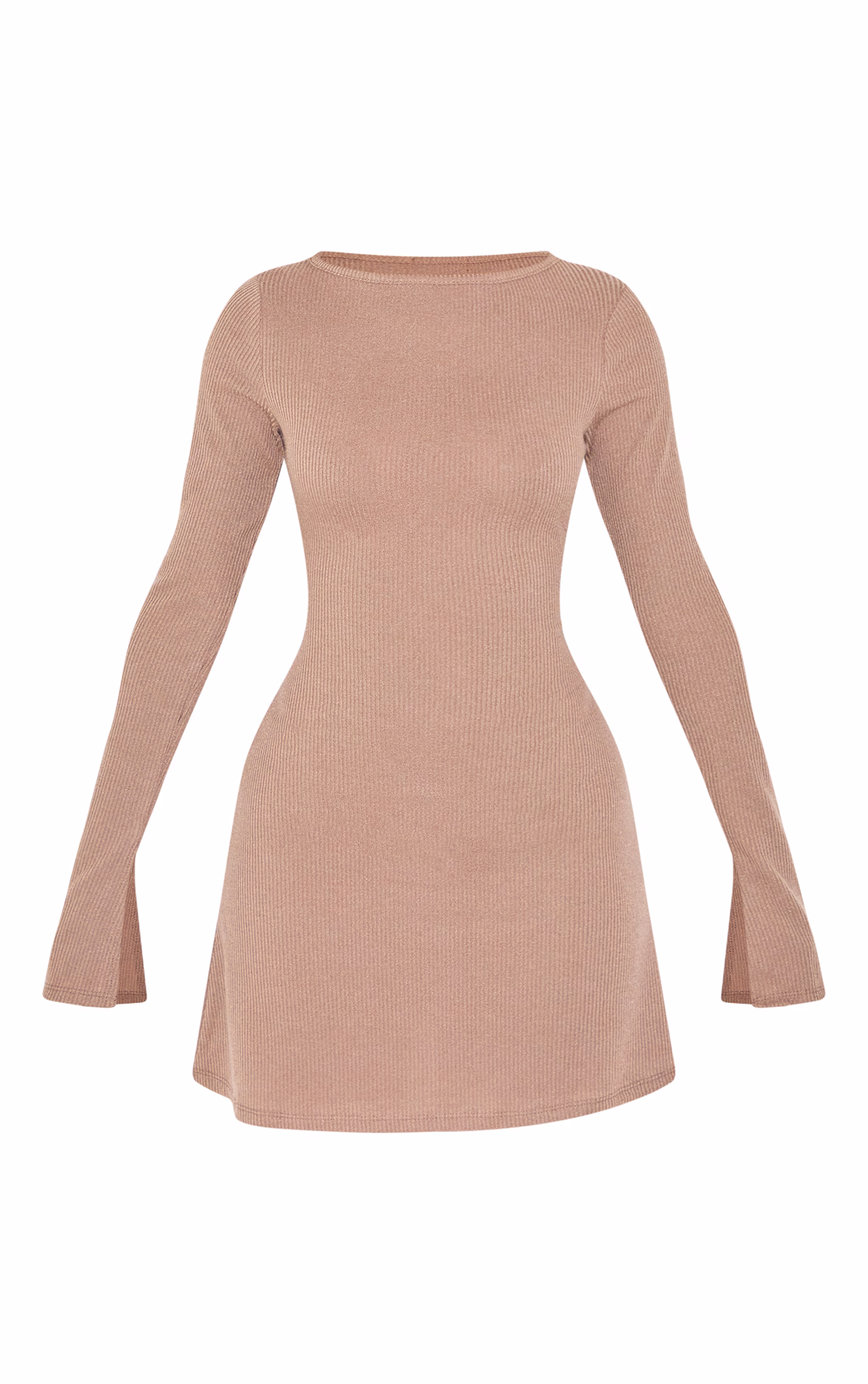 Petite Taupe Ribbed Flare Sleeve Shift Mini Dress
