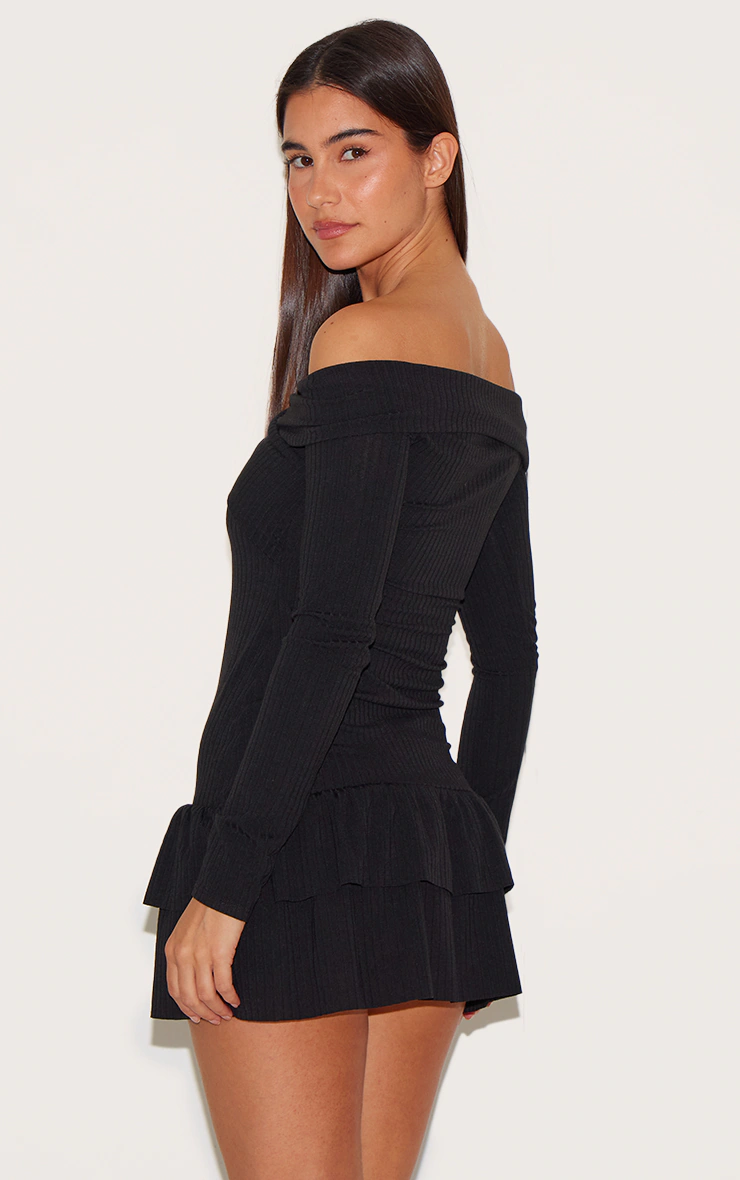 Black Ribbed Bardot Cross Over Bust Detail Shift Dress