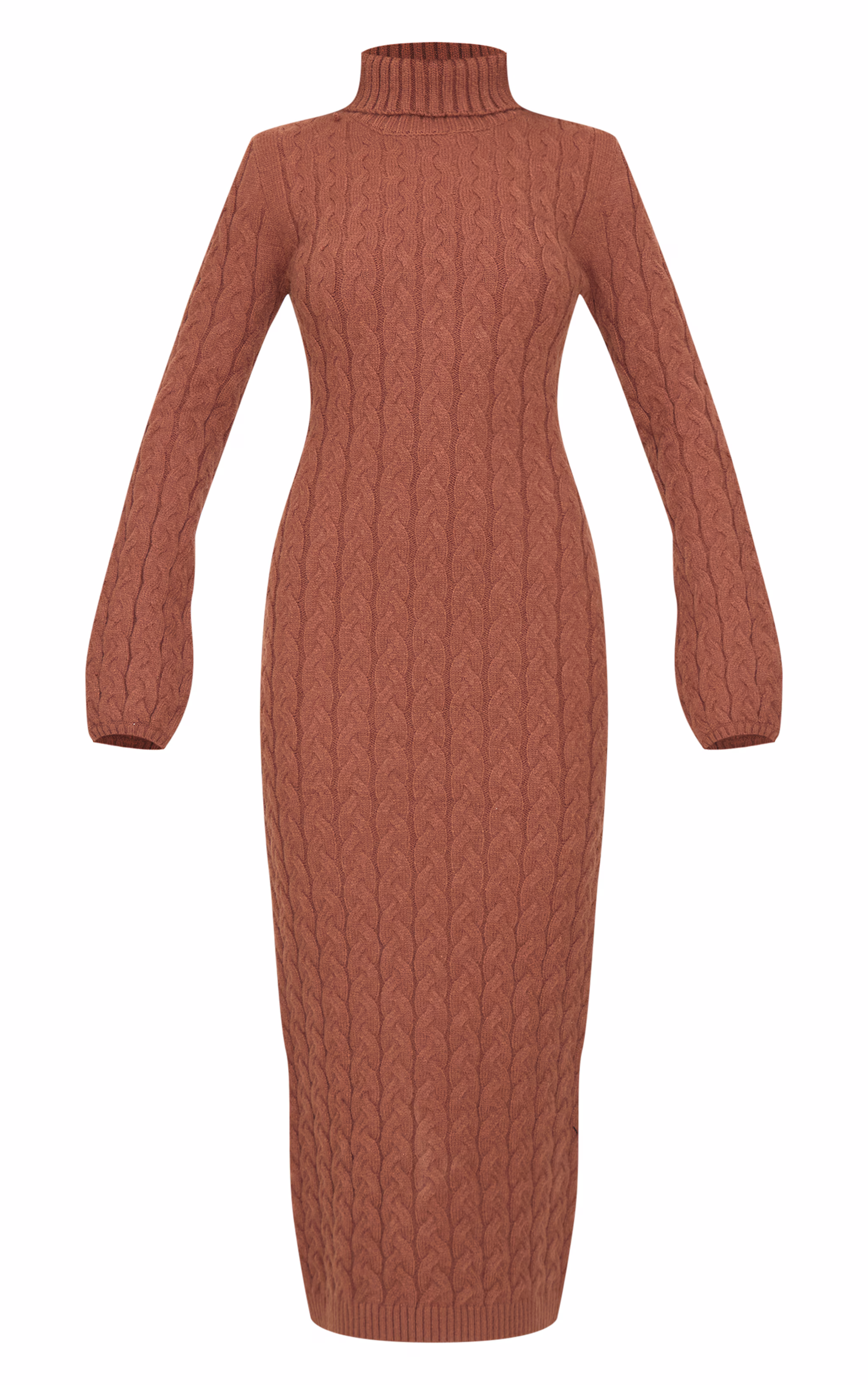 Cappuccino Chunky Cable Knit Roll Neck Maxi Sweater Dress