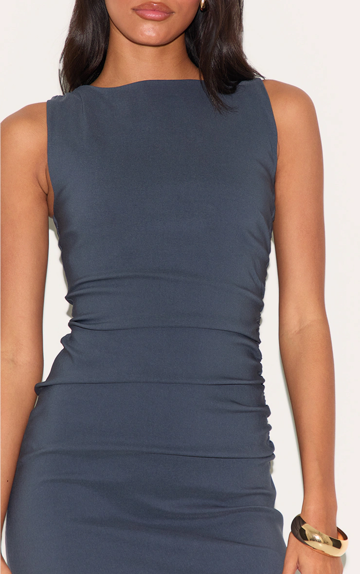 Charcoal Stretch Woven Boat Neck Ruched Detail Bodycon Dress