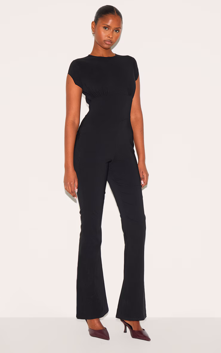 Black Stretch Woven Corset Detail Cap Sleeve Flared Jumpsuit