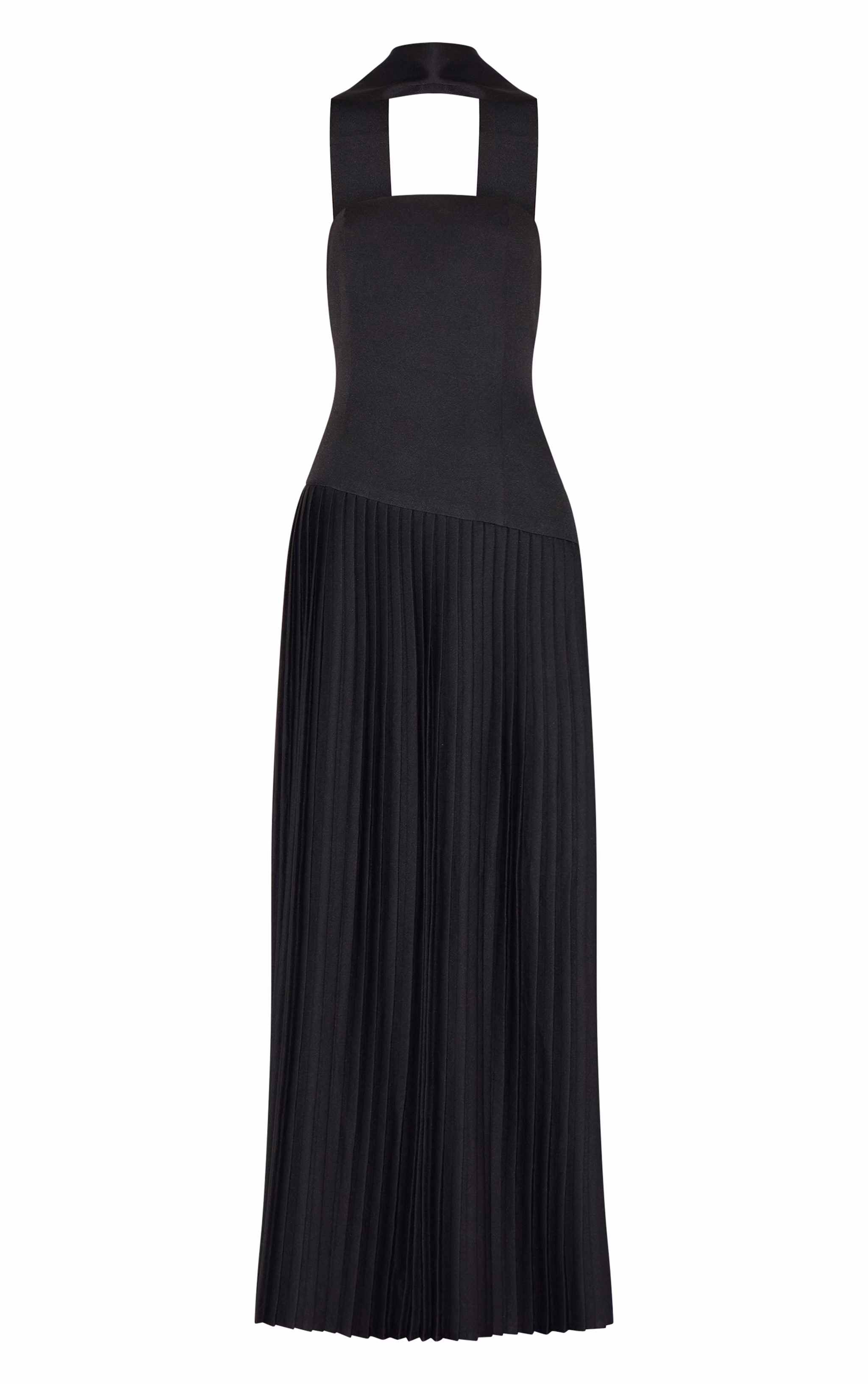Black Woven Asymmetric Pleated Maxi Dress