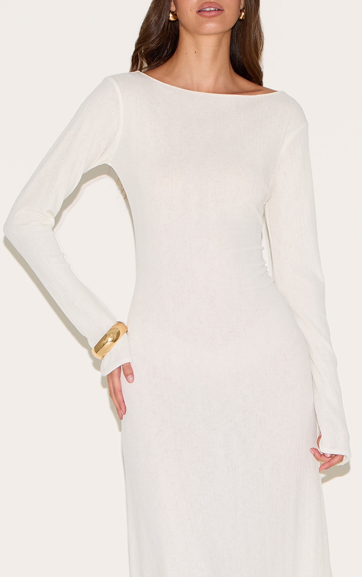 White Textured Boat Neck Long Sleeve Bodycon Maxi Dress