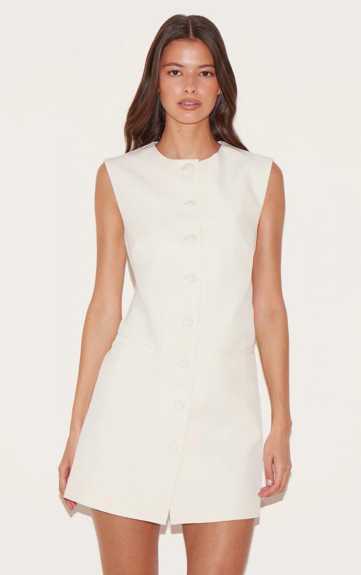 Cream Tailored Woven Button Down A Line Dress