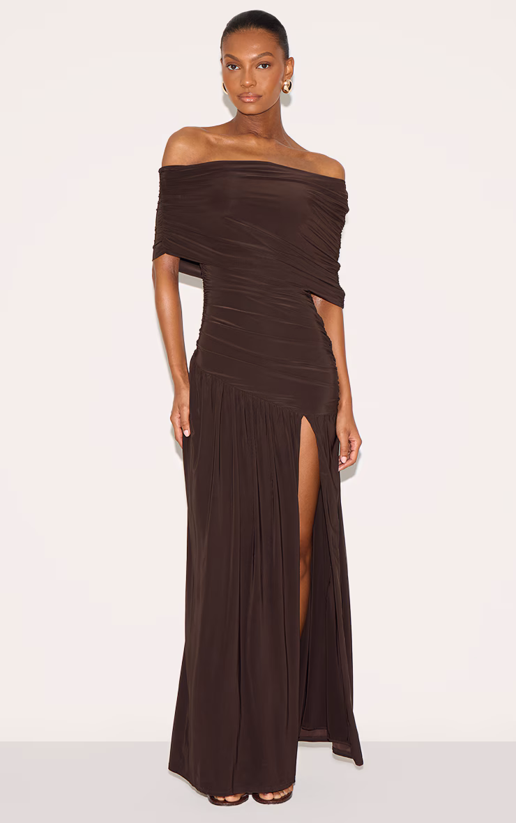Chocolate Brown Double Layer Slinky Bardot One Shoulder Ruched Maxi Dress