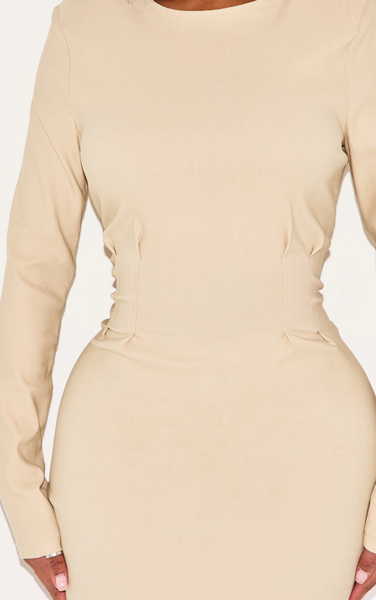 Shape Pebble Stretch Woven Cinched Waist Boat Neck Long Sleeve Mini Dress