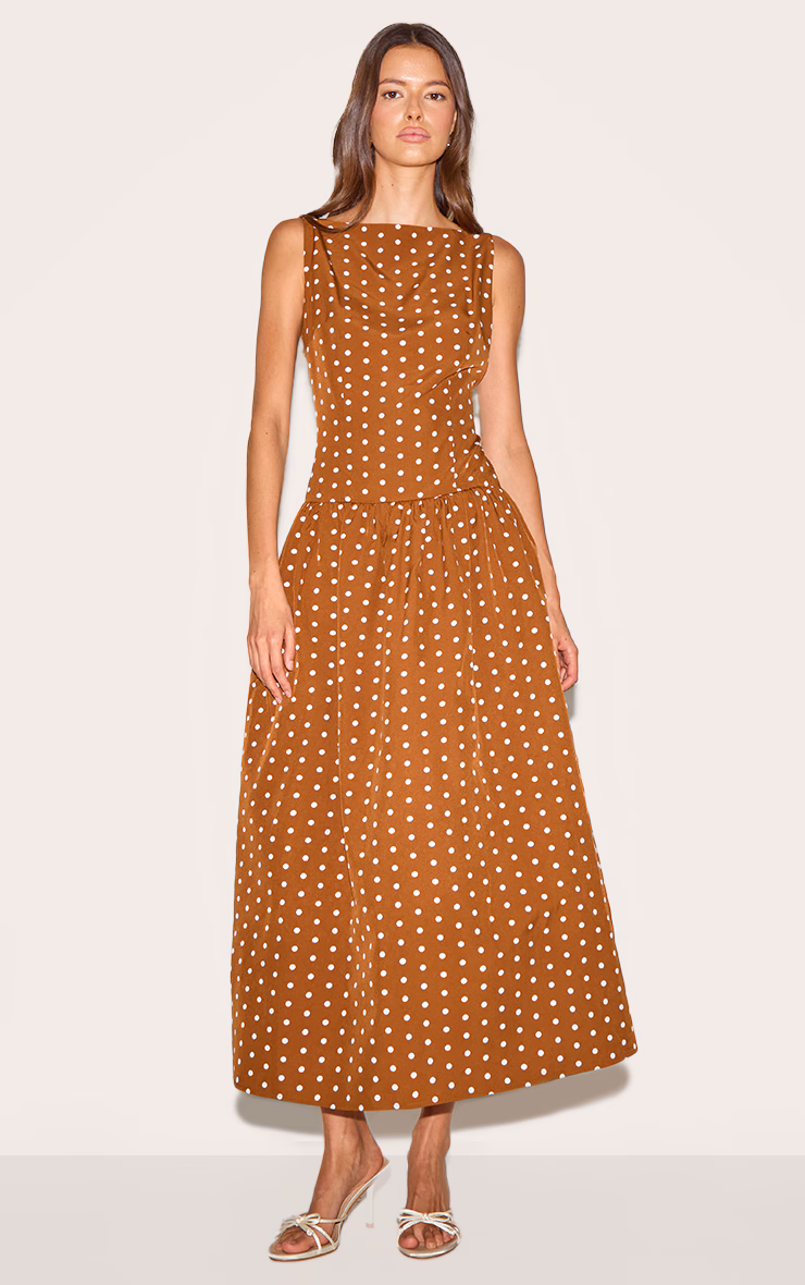 Brown Polka Dot Dropped Waist Midaxi Dress