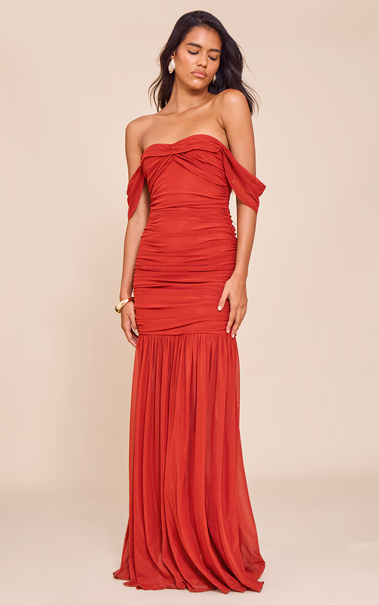 Deep Red Mesh Bardot Ruched Detail Maxi Dress