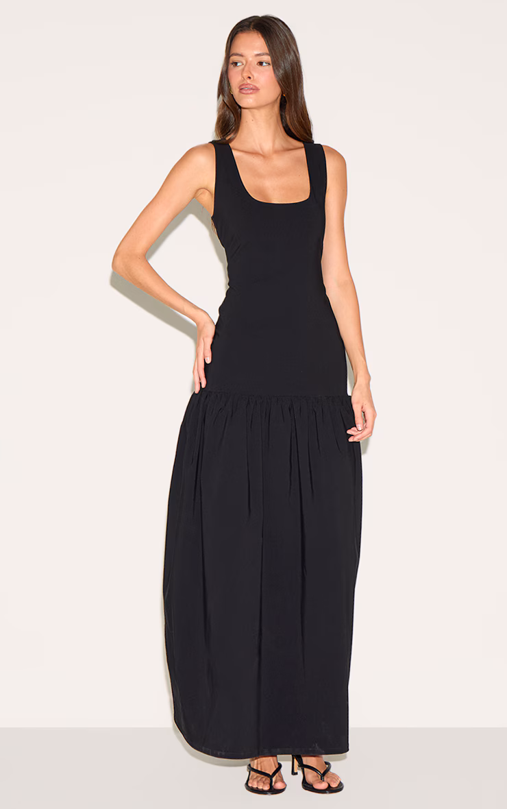 Black Stretch Woven Drop Waist Maxi Dress