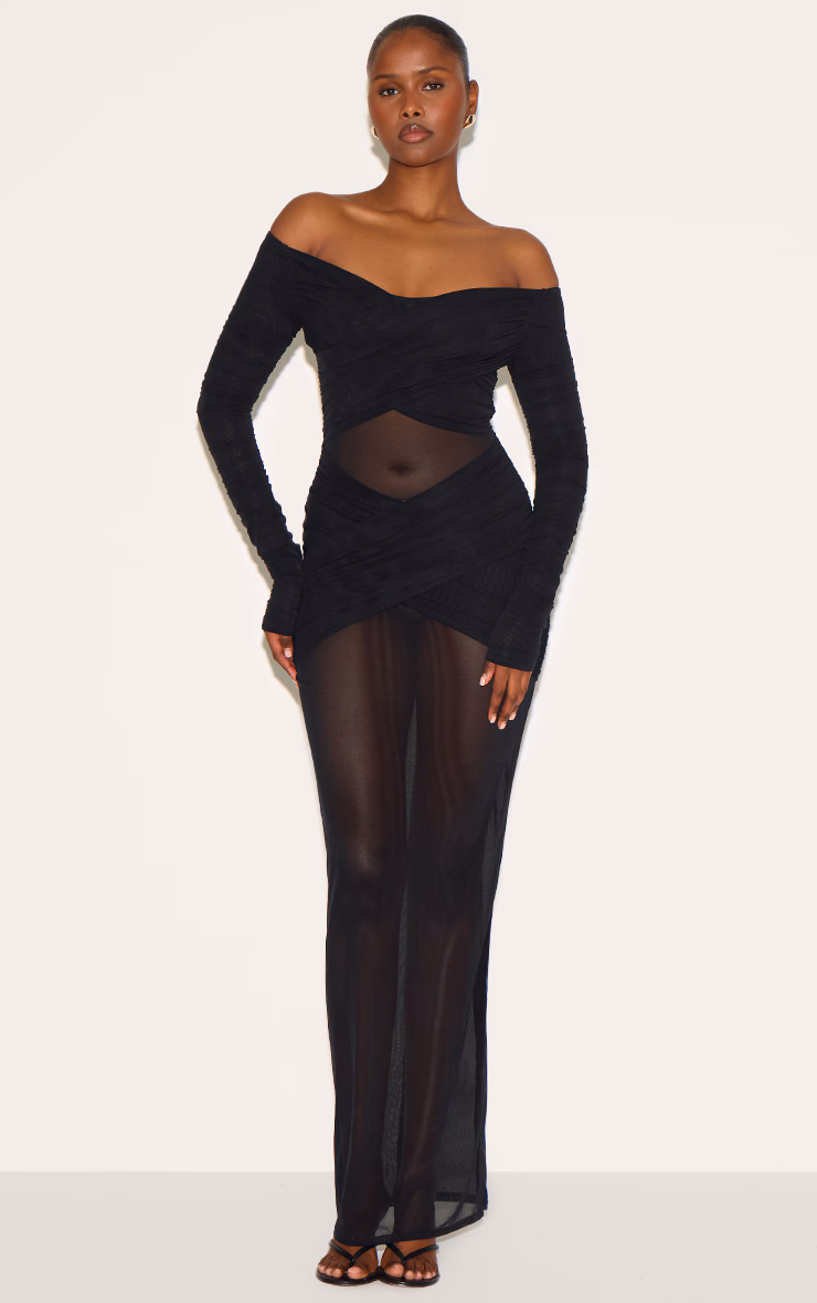 Black Bandage Mesh Bardot Layered Ruched Maxi Dress