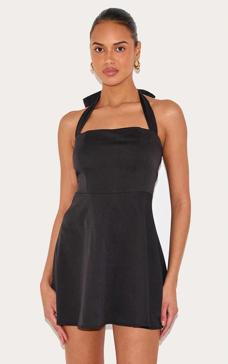 Black Woven Tie Neck Shift Dress