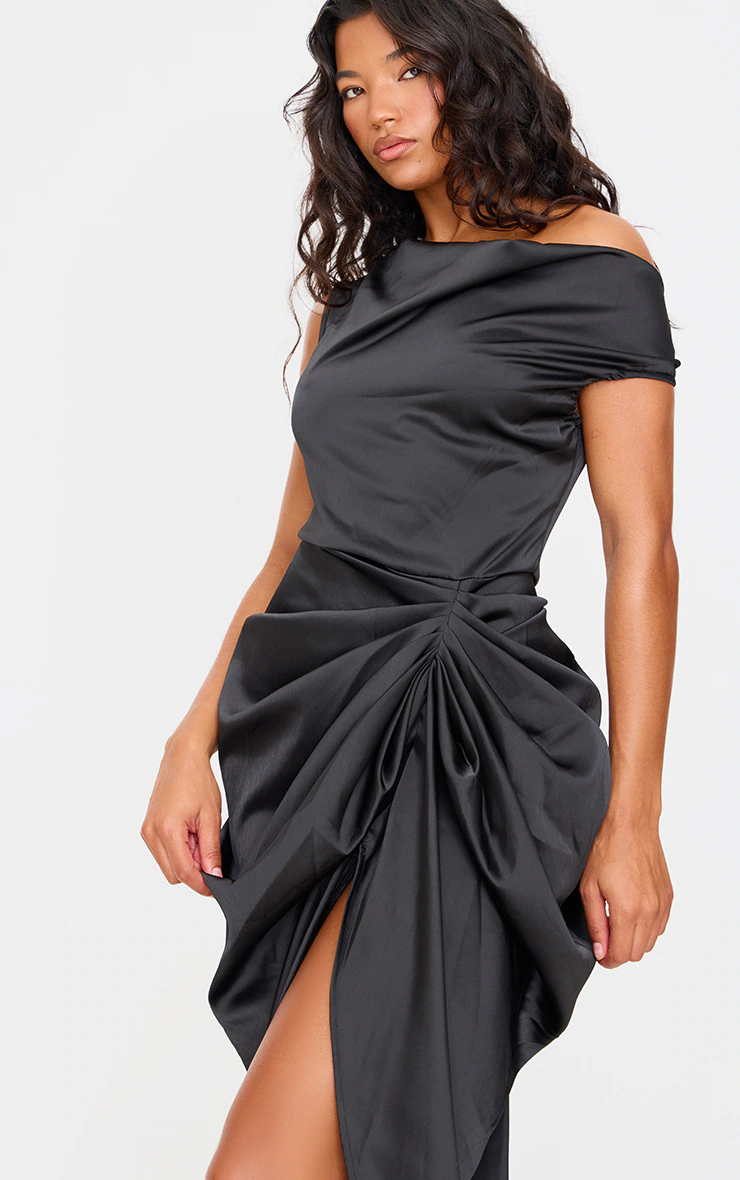Black Satin Off The Shoulder Draped Skirt Midi Dress