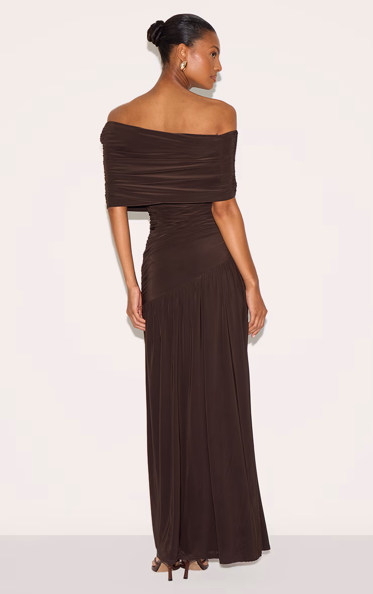 Chocolate Brown Double Layer Slinky Bardot One Shoulder Ruched Maxi Dress