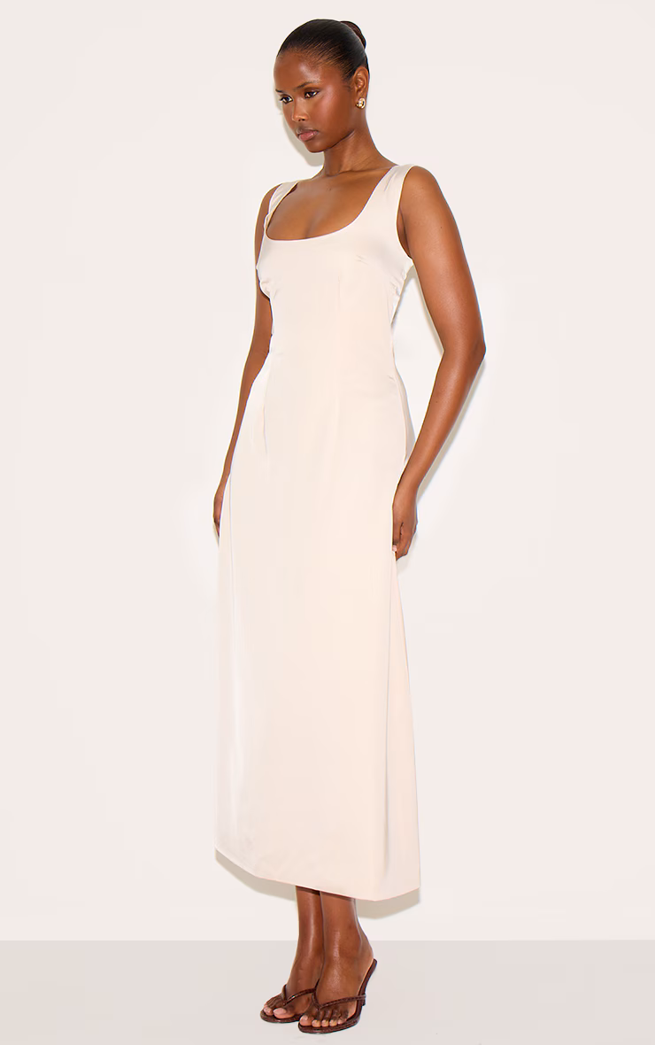 Natural Satin Drop Waist Midi Dress