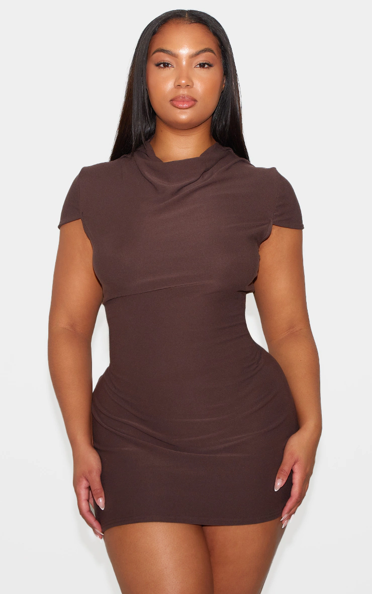 Chocolate Brown Soft Touch High Neck Cowl Bodycon Dress