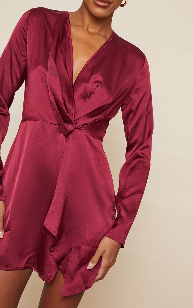 Burgundy Satin Long Sleeve Wrap Dress