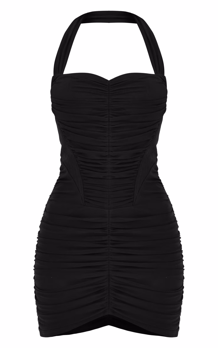 Black Mesh Extreme Ruched Corset Halter Bodycon Dress