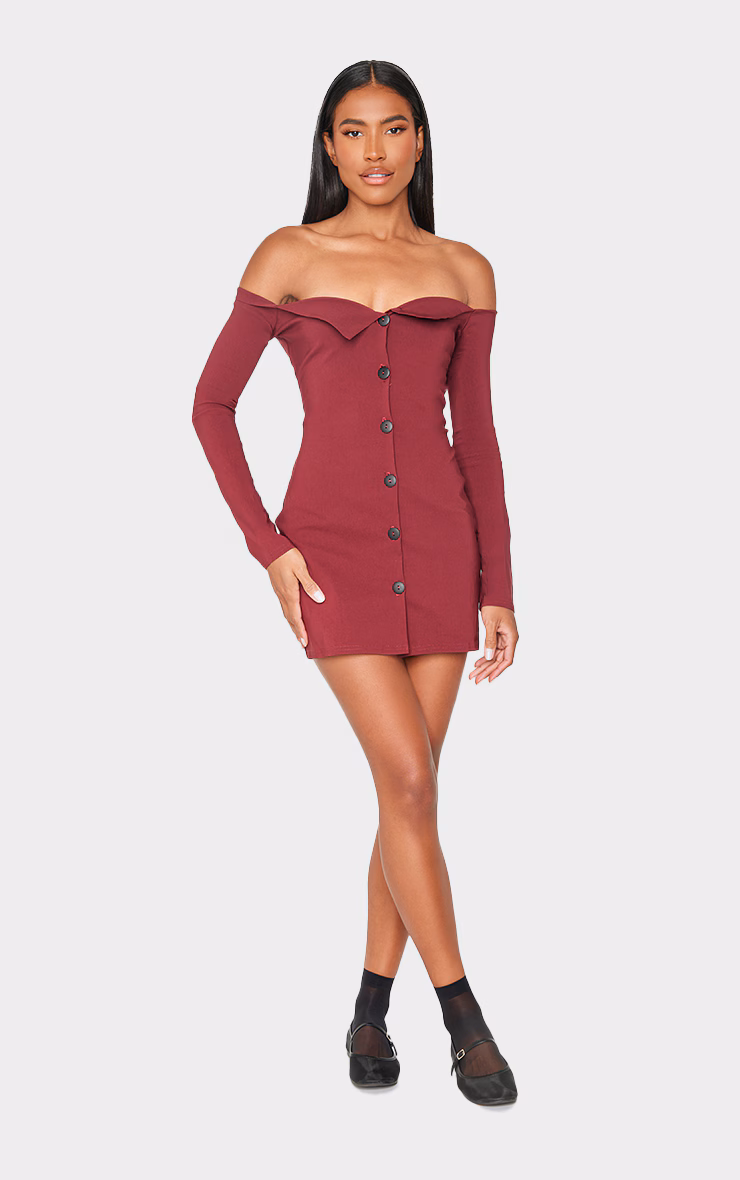 Wine Button Detail Bardot Bodycon Dress
