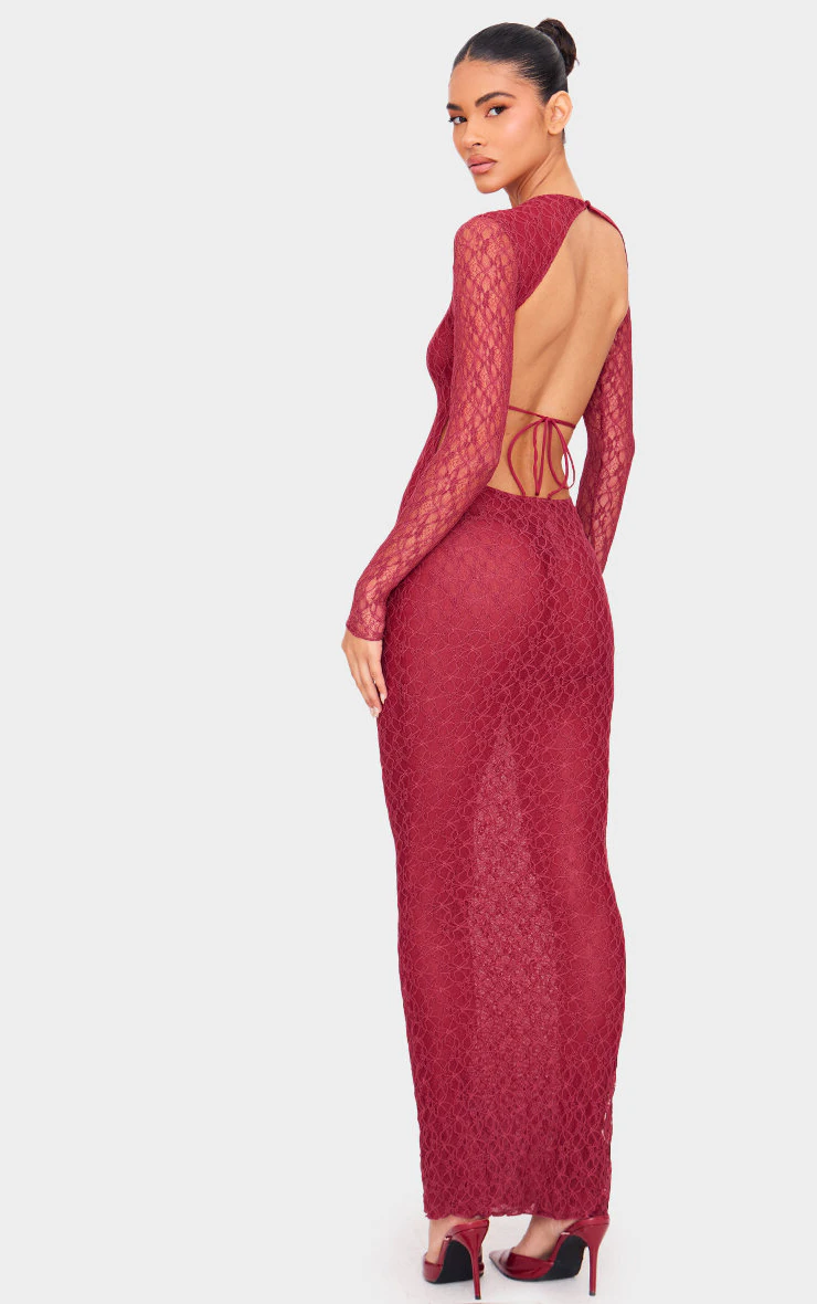Cherry Red Lace Backless Long Sleeve Maxi Dress