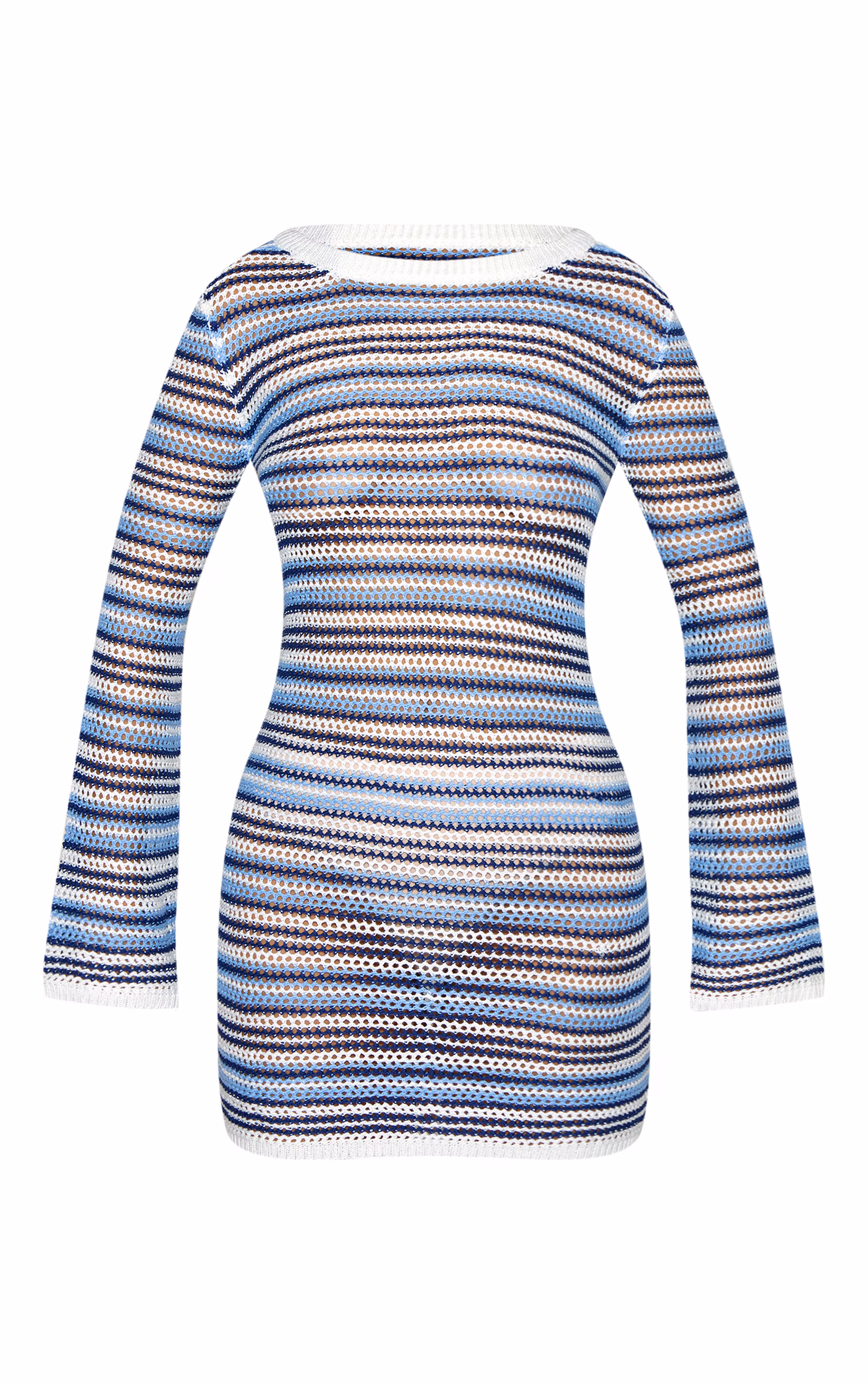 Blue Stripe Crochet Knit Mini Dress