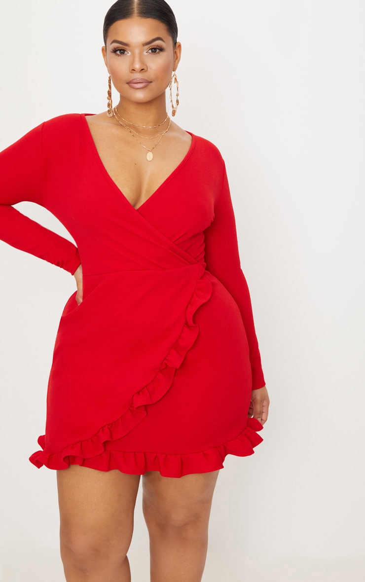 Plus Red Ruffle Detail Wrap Dress