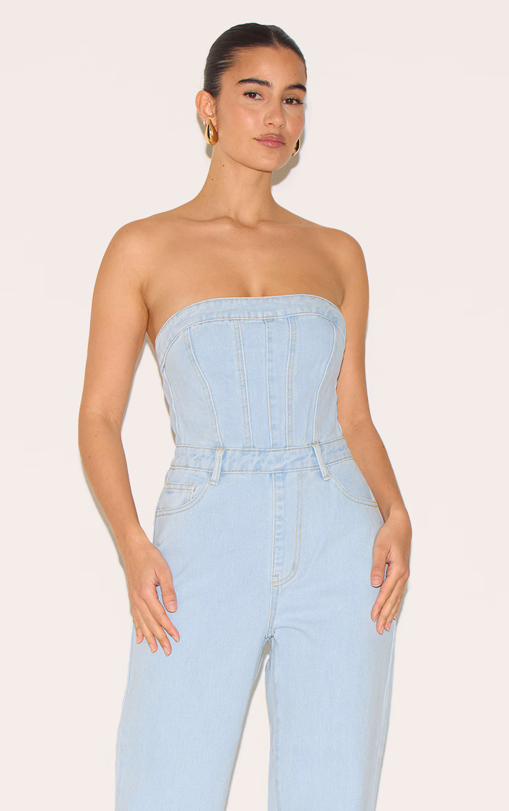 Light Blue Wash Bandeau Denim Jumpsuit