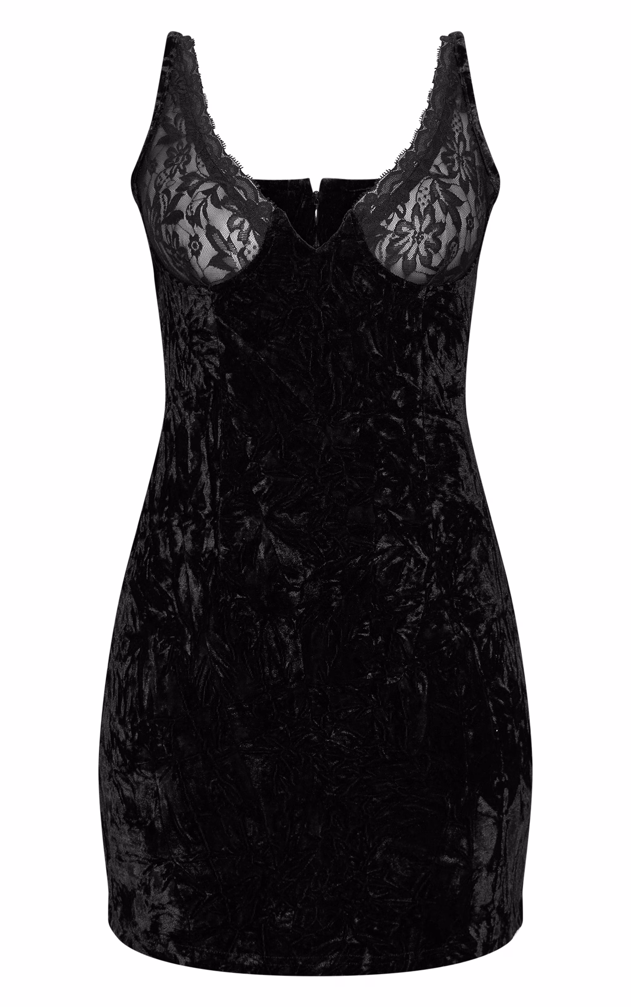 Petite Black Crushed Velvet Lace Detail Mini Dress