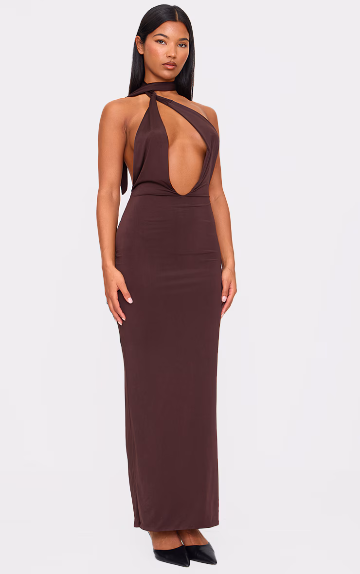 Chocolate Double Layer Slinky Wrap Neck Maxi Dress