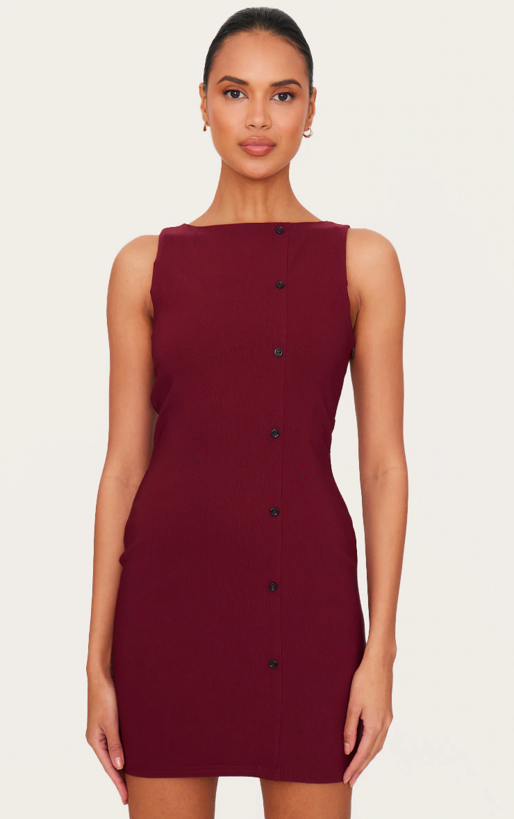 Burgundy Stretch Woven Button Down Shift Dress