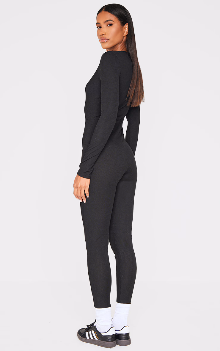 Black Ribbed Long Sleeve Scoop Neck Jumpsuit
