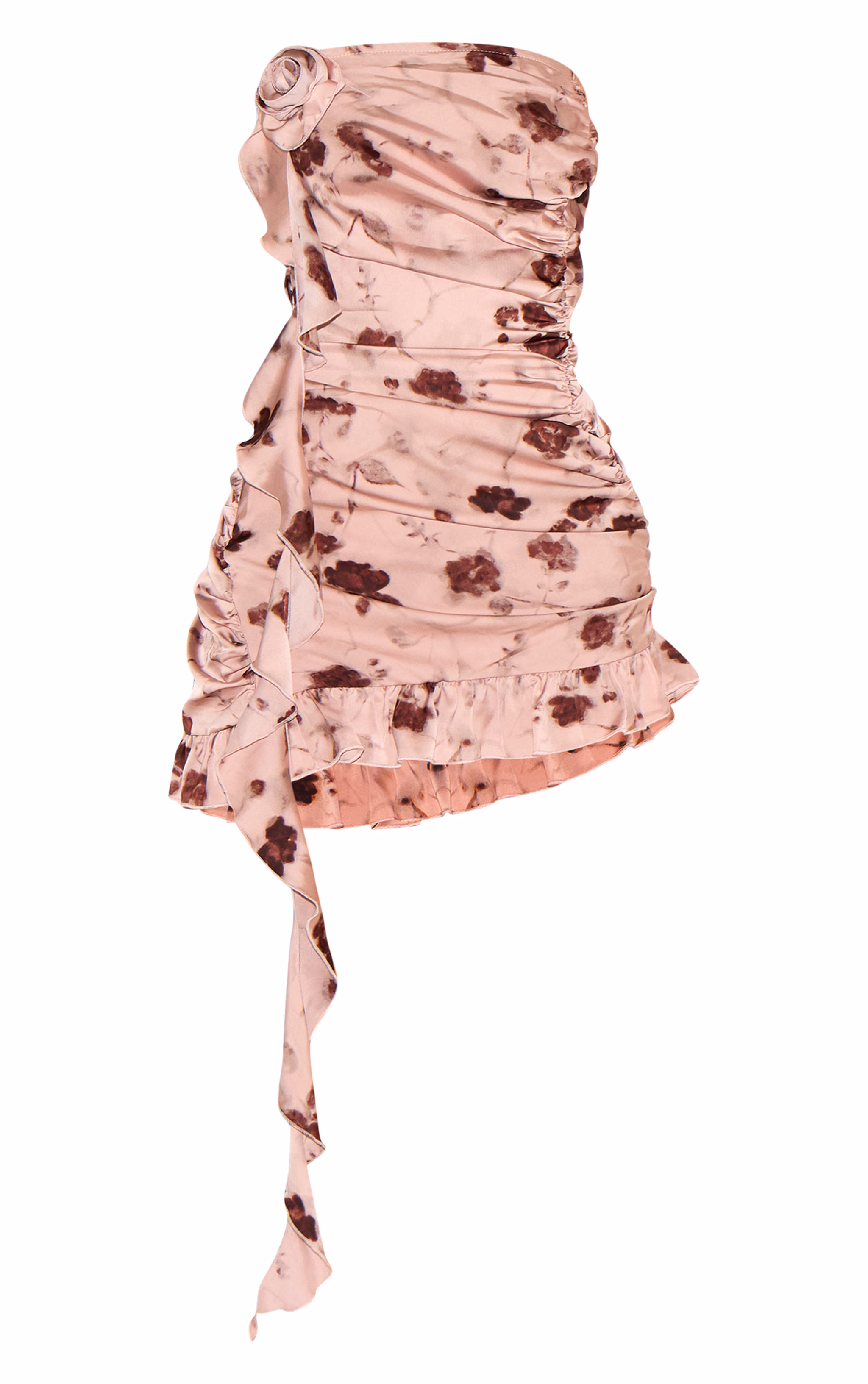 Light Pink Floral Satin Rose Detail Mini Dress