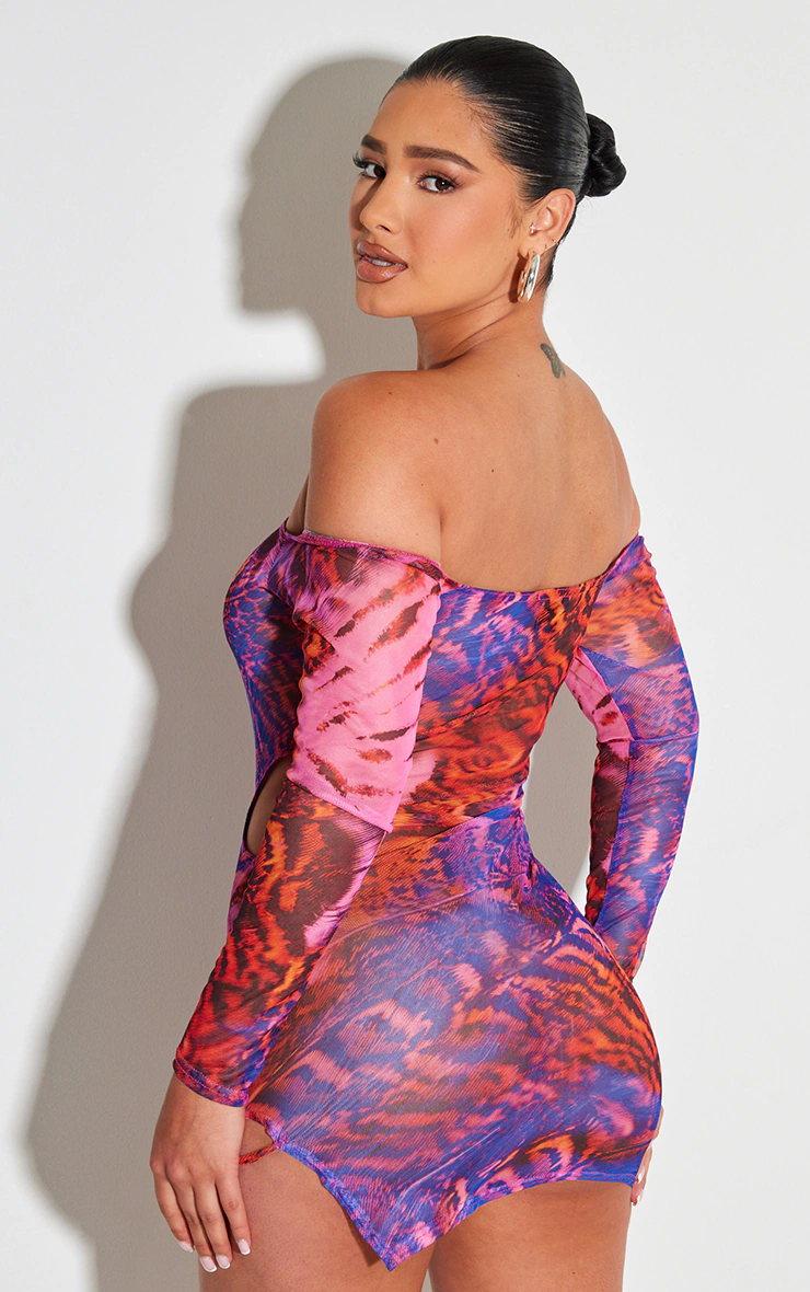 Shape Purple Printed Mesh Long Sleeve Bardot Cut Out Bodycon Dress