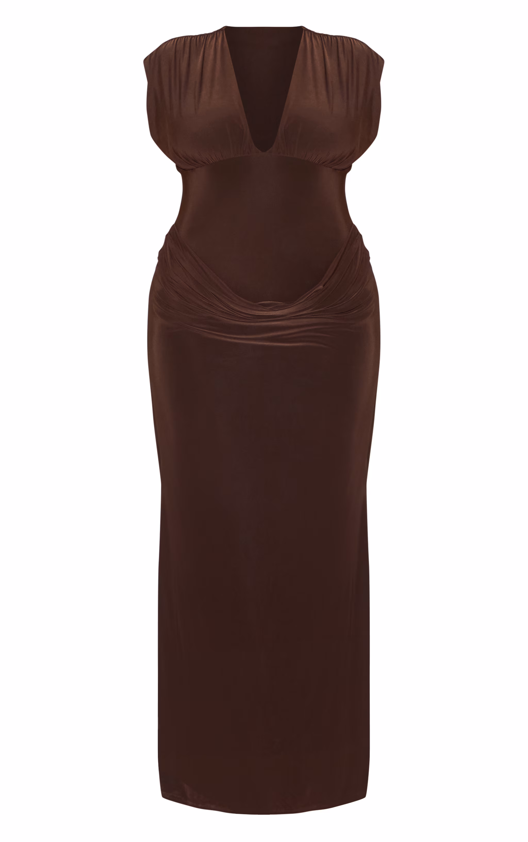 Plus Chocolate Double Layer Plunge Ruched Shoulder Drape Waist Maxi Dress