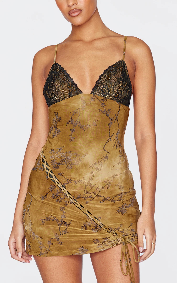 Tall Green Devore Lace Up Detail Mini Dress