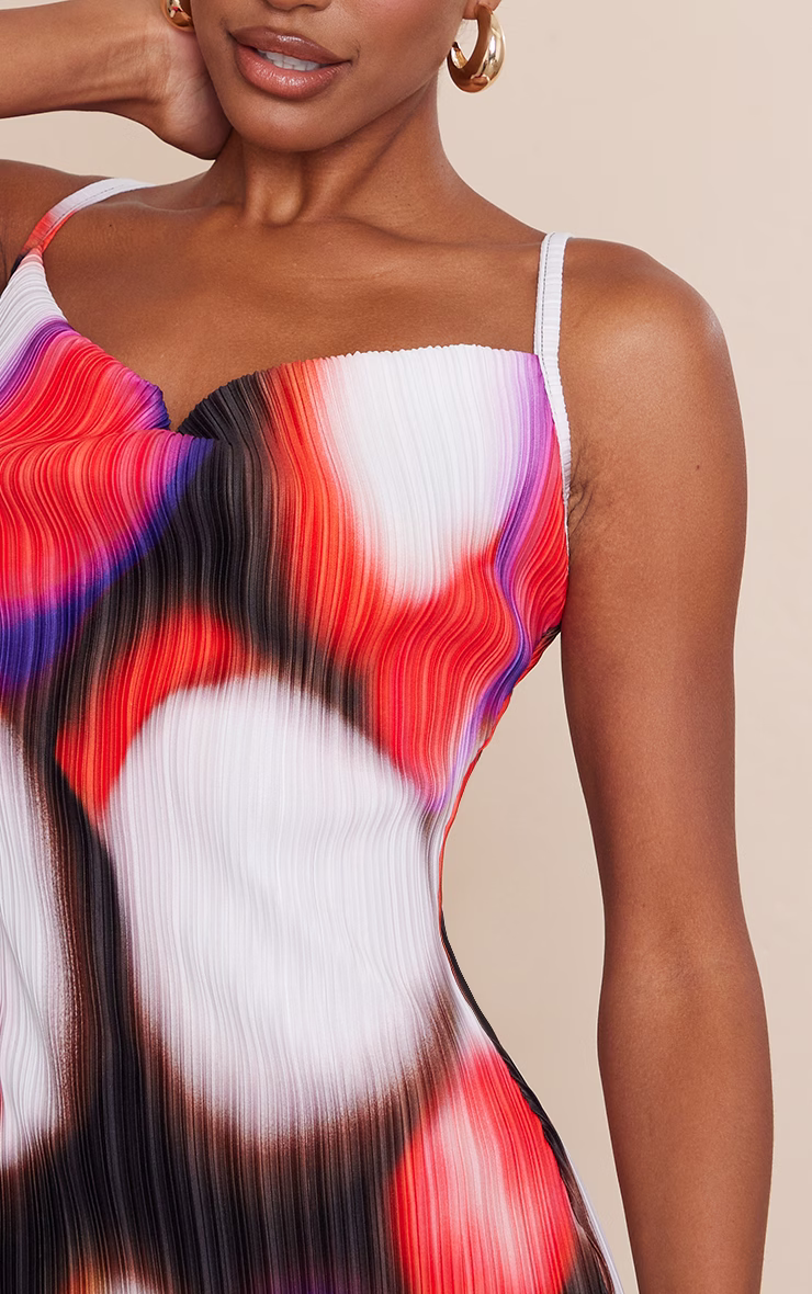 Pink Abstract Print Plisse Cowl Strappy Bodycon Dress