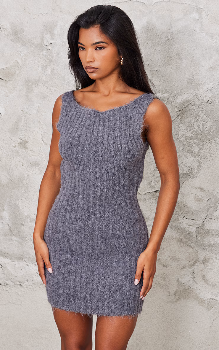 Charcoal Eyelash Knit Racer Neck Open Back Mini Dress