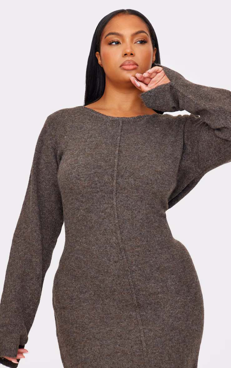 Plus Chocolate Knitted Seam Front Midaxi Dress