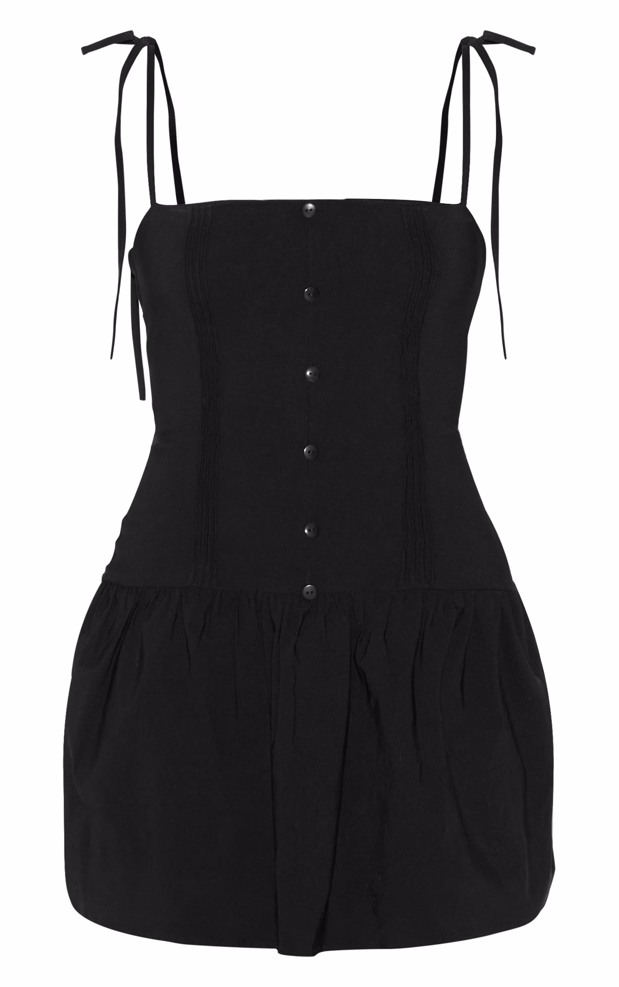 Black Stretch Woven Button Down Pleated Mini Dress