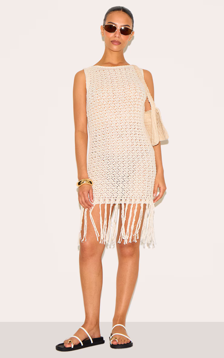 Petite Cream Crochet Boat Neck Tassle Mini Dress