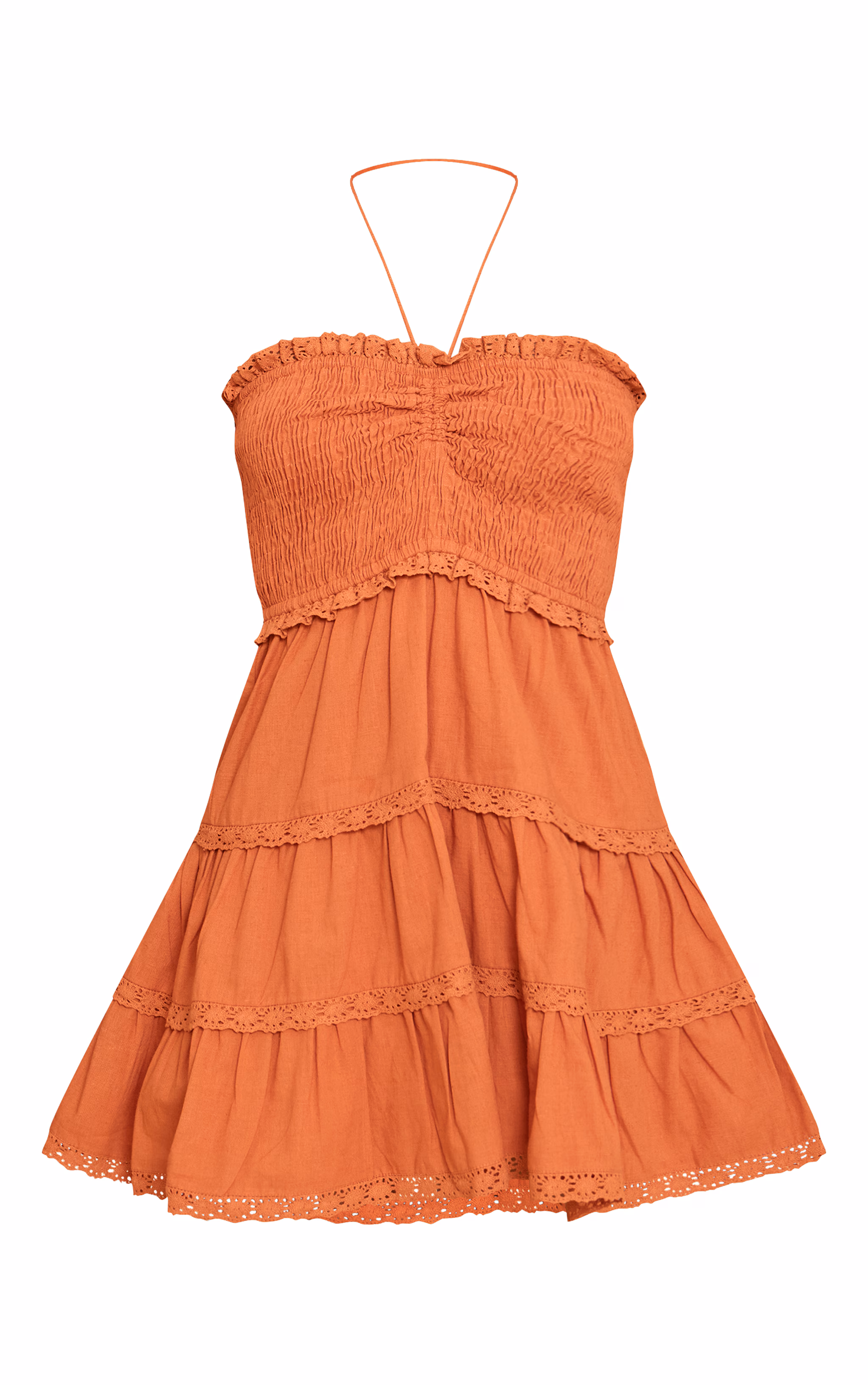 Burnt Orange Bandeau Shirred Broderie Trim Shift Dress